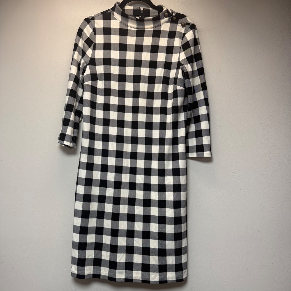 Talbots Buffalo‎ Plaid Dress Womens Medium Black White Excellent Mock Neck Shift